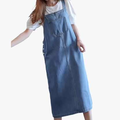 Women's Denim-Look Pinafore Midi Dress with Pocket – Fashionable Casual Dress for Everyday and City Wear