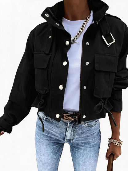 Short women's transitional jacket with zip, buttons & flap pockets