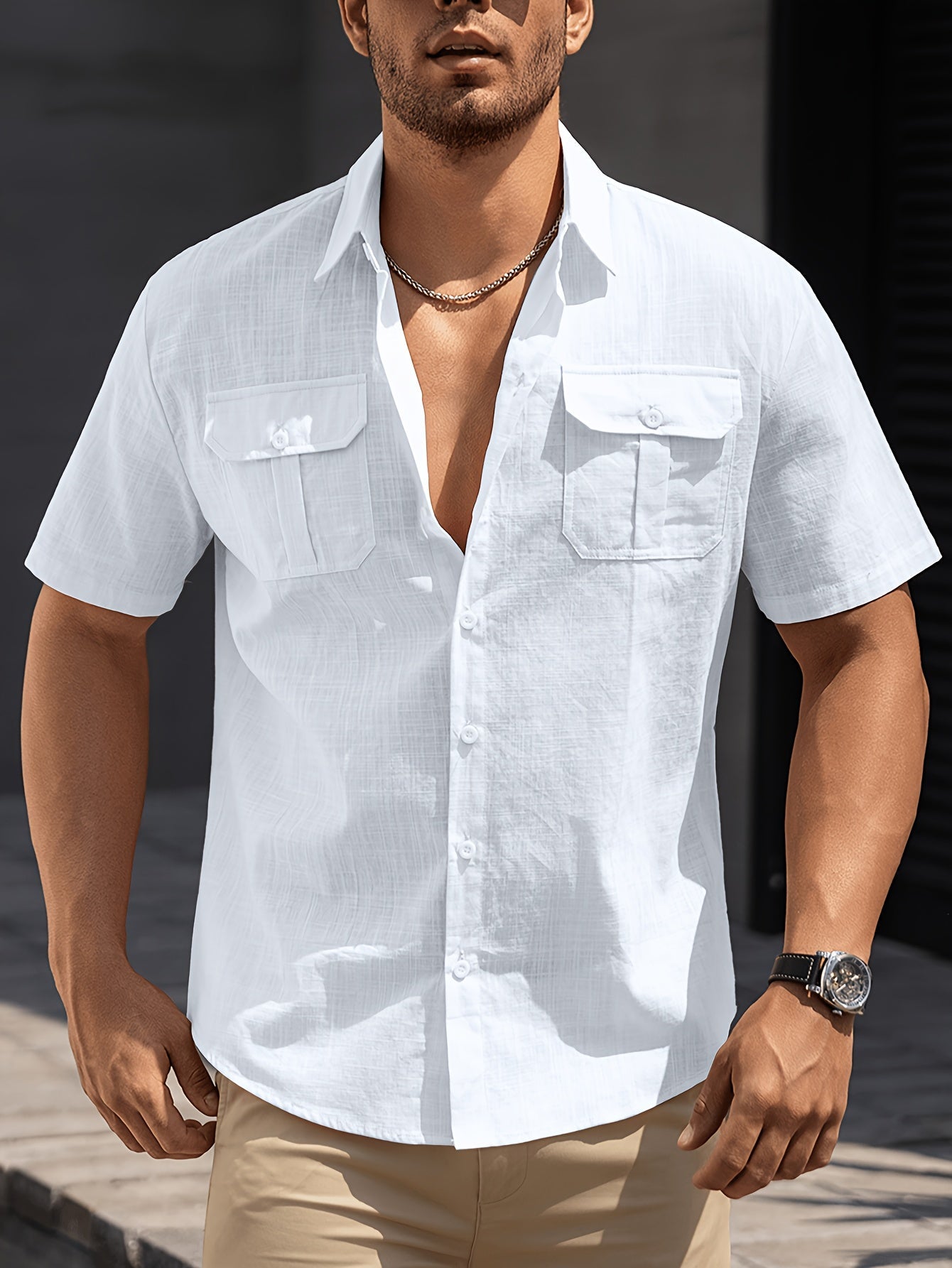 Men's Casual Short-Sleeve Shirt with Chest Pockets – Summer Regular Fit for Casual Occasions