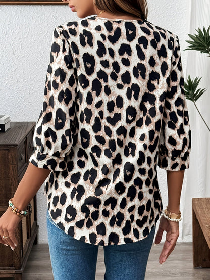 Women's Elegant Leopard Print Blouse with 3/4 Sleeves – Perfect for Office and Casual Wear