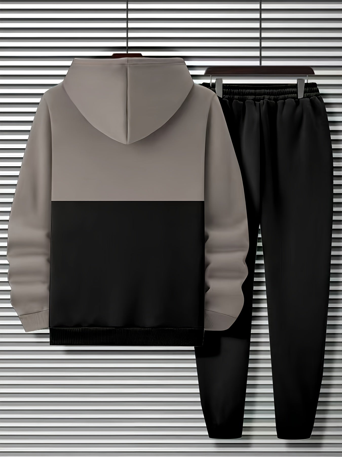 Men's two-piece tracksuit with hoodie and pants, striped color-block design