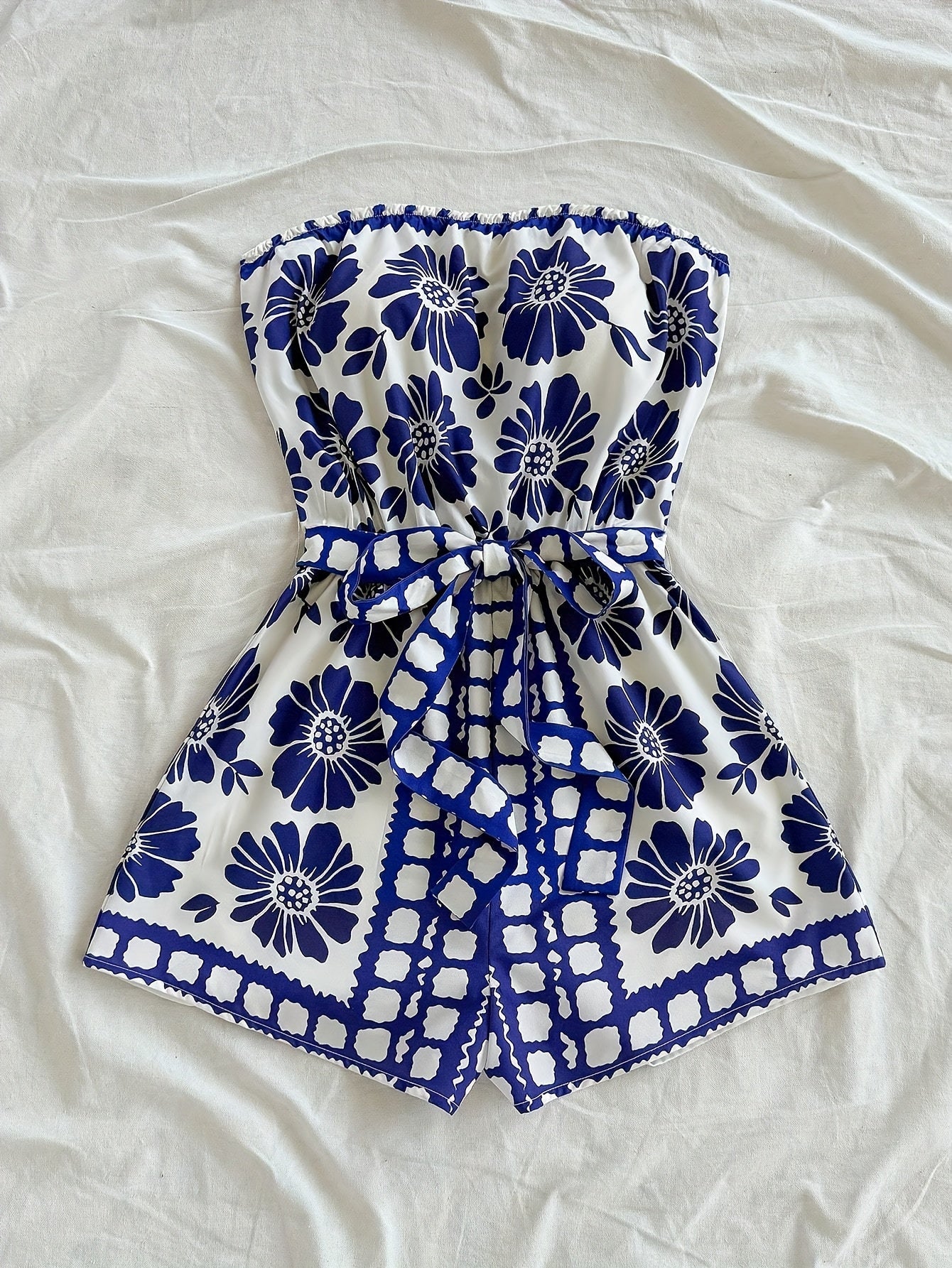 Women's Bandeau Jumpsuit with Floral Pattern and Waist Belt – Summer One-Piece for Vacation and Leisure