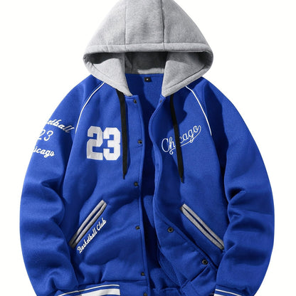 Men’s baseball jacket with hood, snap buttons, embroidery, and ribbed cuffs