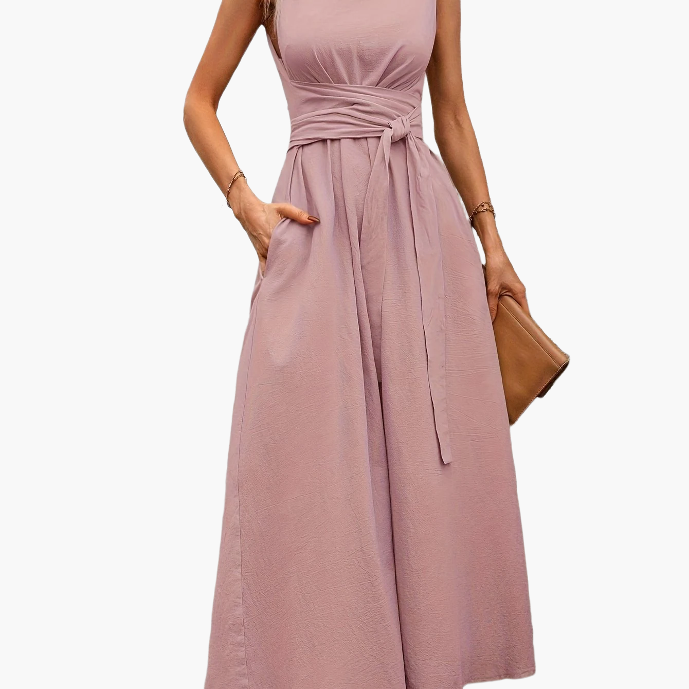 Women's Elegant Sleeveless Jumpsuit with Tie Belt and Wide Legs – Perfect for Summer and Leisure