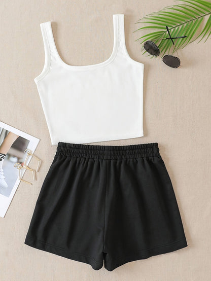 Women's sporty casual set with "The Mountains Adventure" print – top & shorts – perfect for summer & outdoor activities