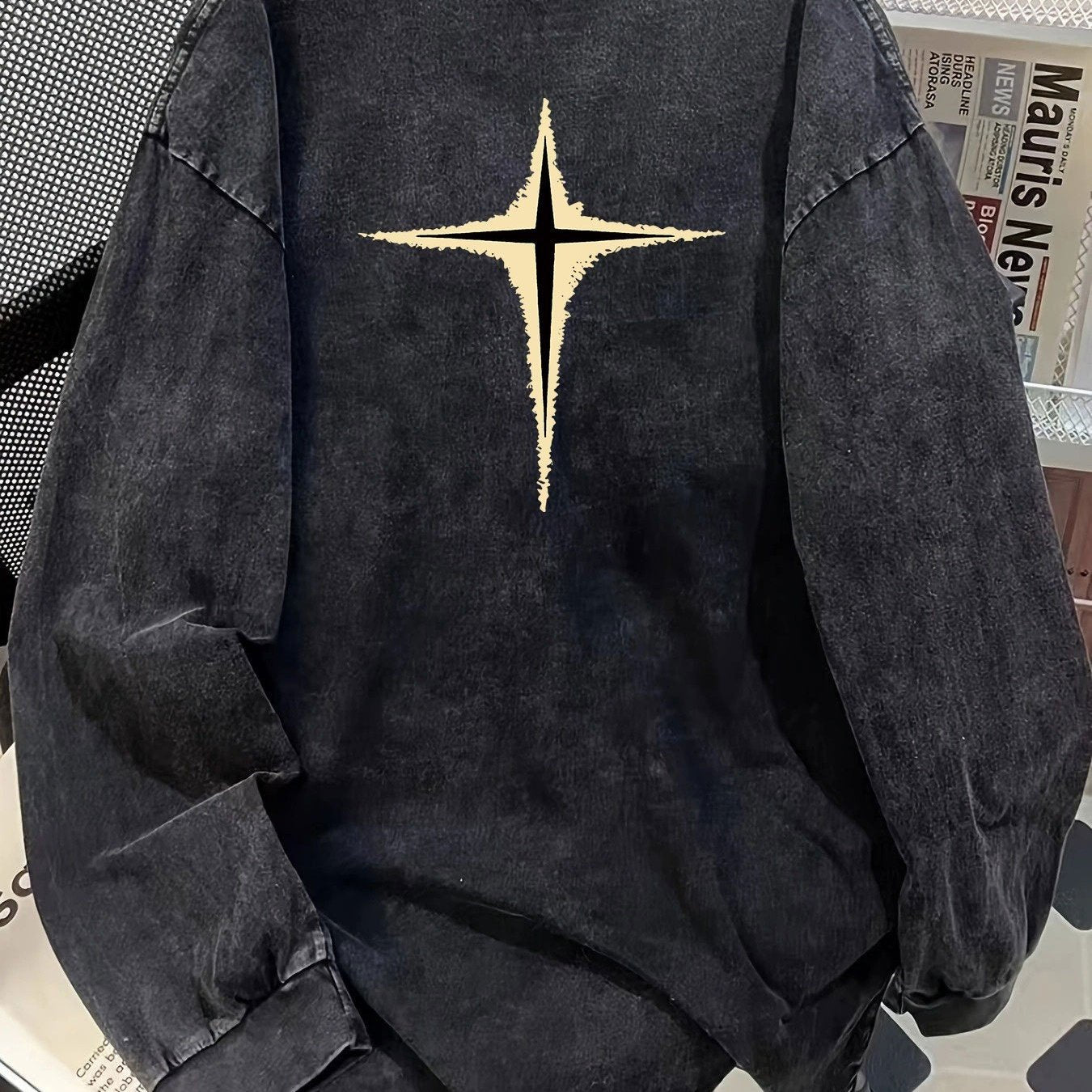 Unisex Langarm-Sweatshirt mit Sternen-Print, Vintage Washed Optik, Rundhalsausschnitt, lockerer Schnitt