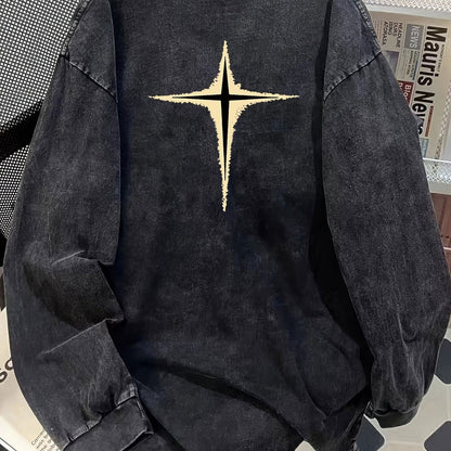 Unisex Langarm-Sweatshirt mit Sternen-Print, Vintage Washed Optik, Rundhalsausschnitt, lockerer Schnitt