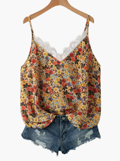 Women's summer top with floral pattern and lace trim, casual spaghetti strap tank top