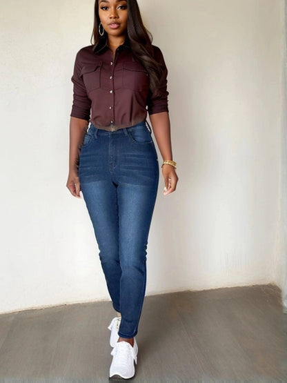 Black fleece-lined thermal jeans leggings with stretch for women