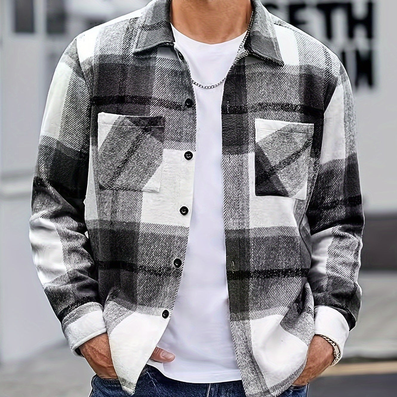 Men's Plaid Shirt Jacket, Long Sleeve, with Chest Pockets, Casual Shacket