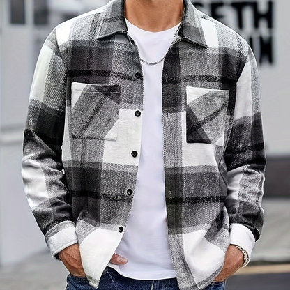 Men's Plaid Shirt Jacket, Long Sleeve, with Chest Pockets, Casual Shacket