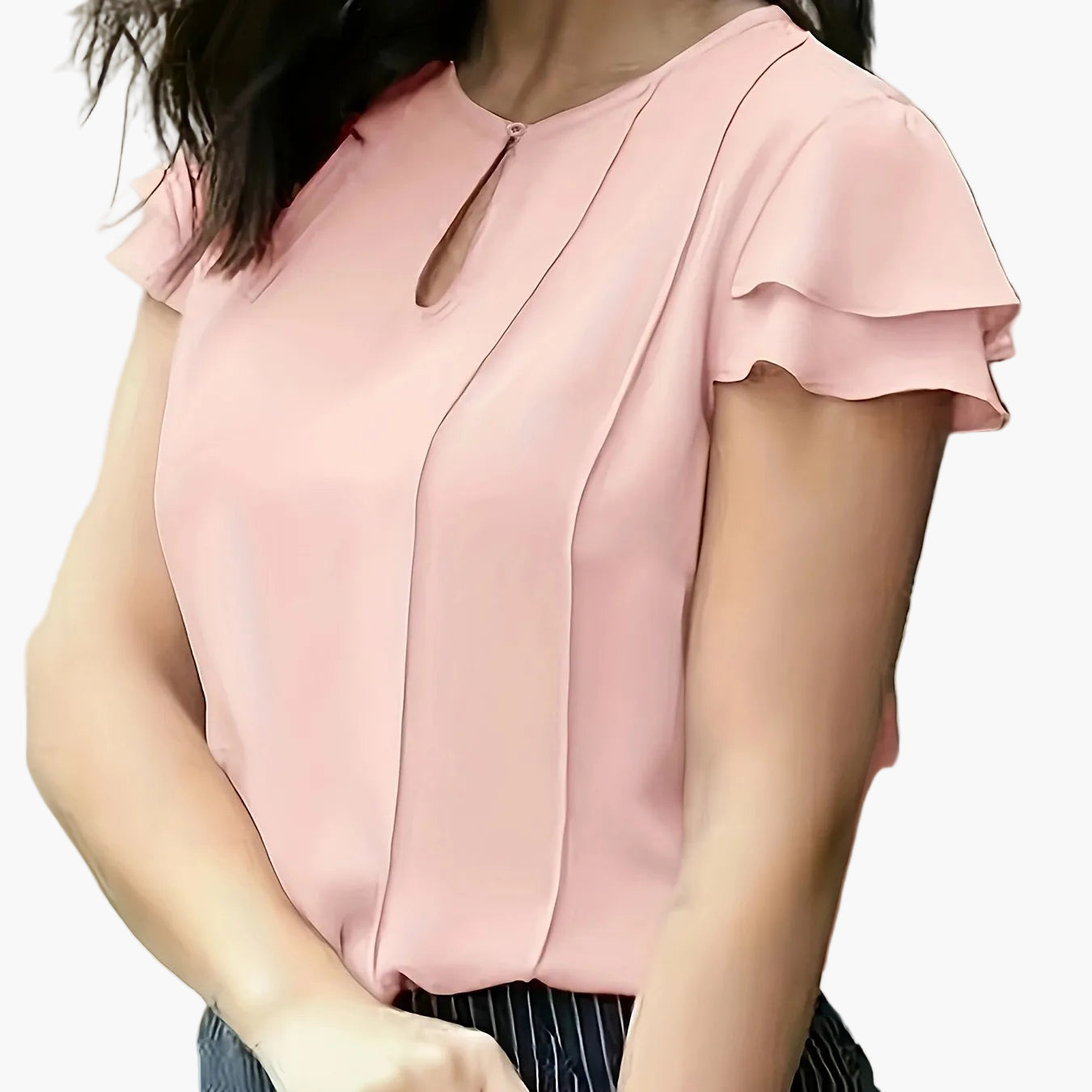 Women's Elegant Blouse with Ruffled Sleeves and Keyhole Neckline – Perfect for Office & Casual Wear