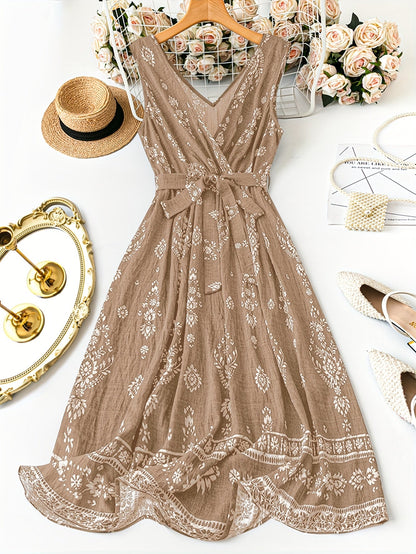 Women's Boho Maxi Dress with Belt and Floral Pattern – Elegant Summer Dress for Leisure and Vacation
