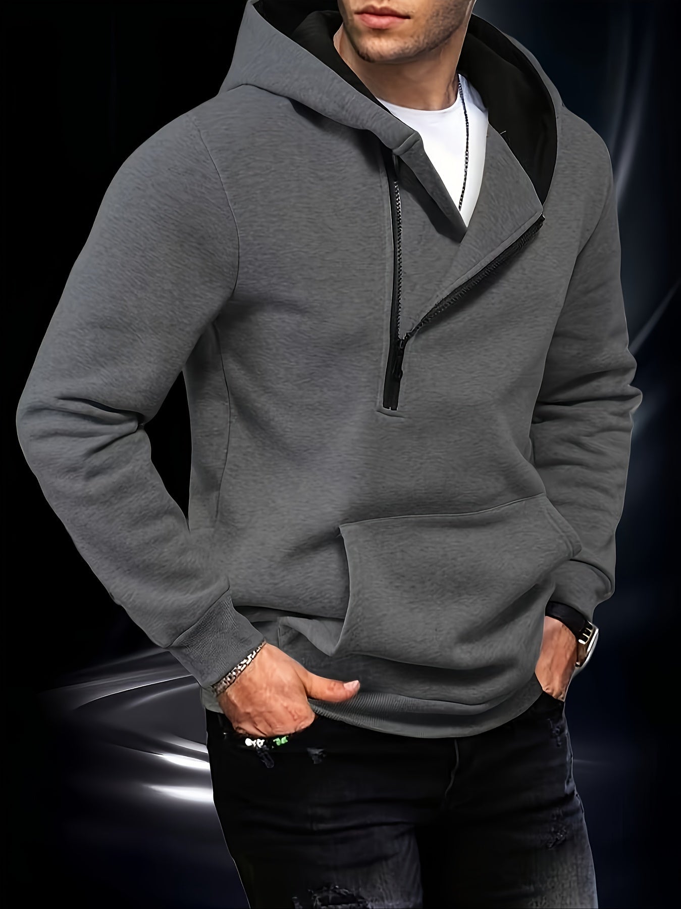 Herren Hoodie mit Reißverschluss und Bauchtasche, Weiß