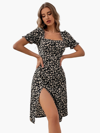 Women's midi dress with floral pattern and slit – feminine summer look for everyday and leisure