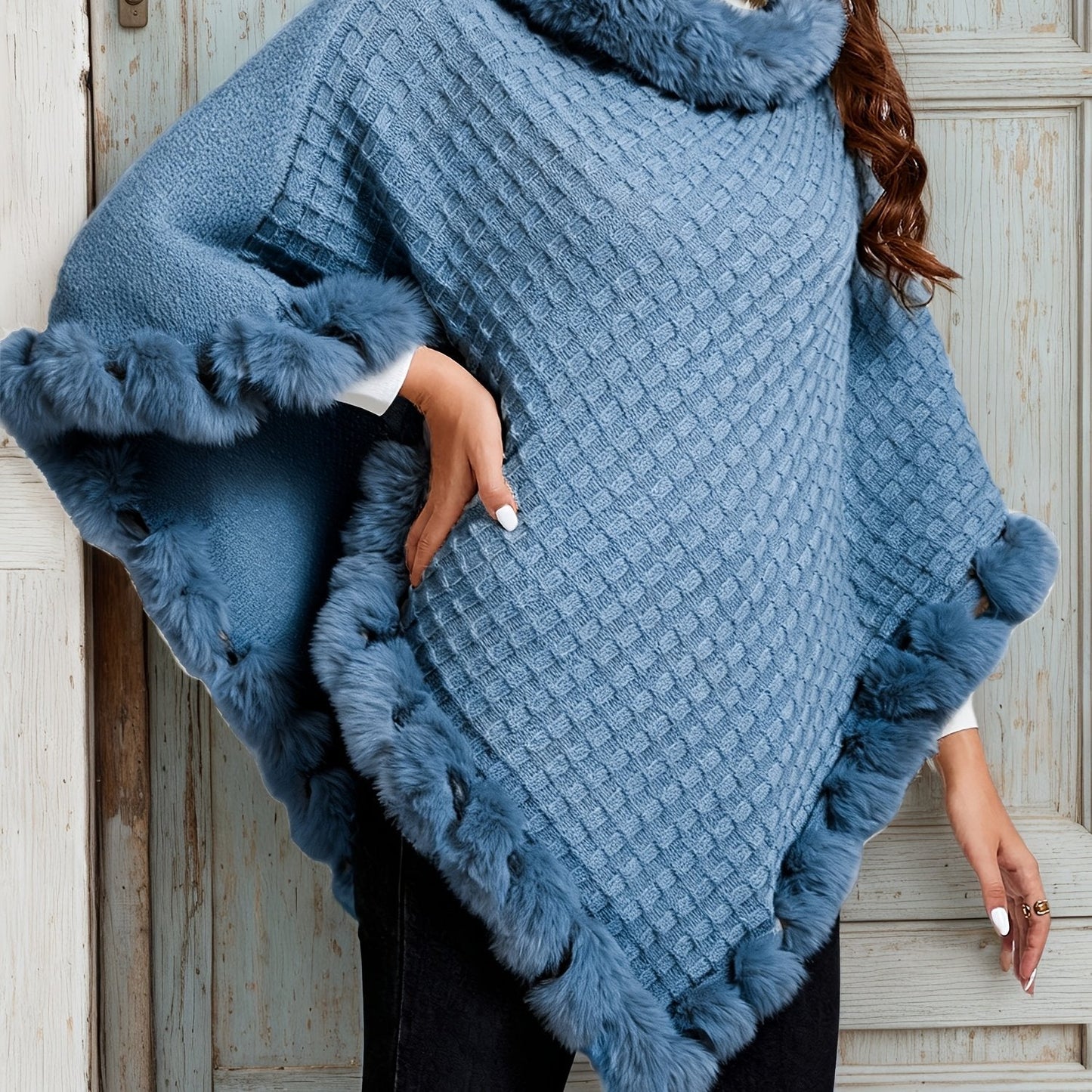 Damen Poncho gestrickt mit Kunstfellbesatz Wickelponcho