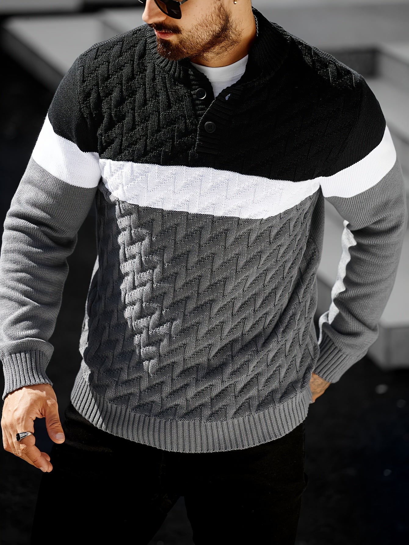 Herren Grobstrick Pullover mit Stehkragen & Knopfleiste, Farbblock-Design, Langarm