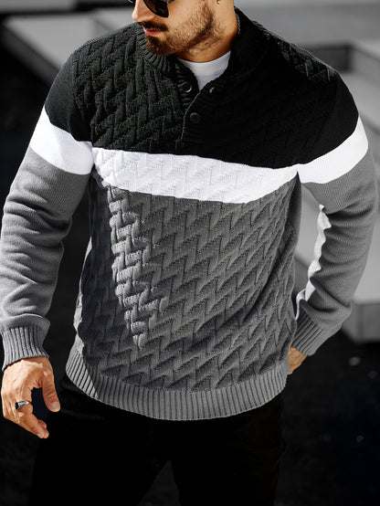 Herren Grobstrick Pullover mit Stehkragen & Knopfleiste, Farbblock-Design, Langarm