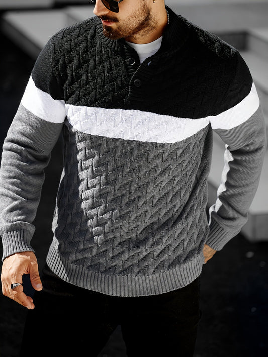 Herren Grobstrick Pullover mit Stehkragen & Knopfleiste, Farbblock-Design, Langarm