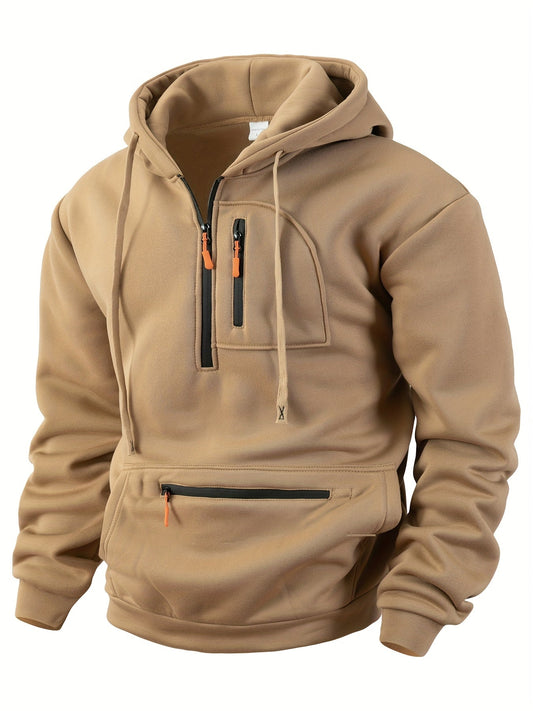 Men's hoodie with half-zip, kangaroo pocket & chest pocket, hooded sweatshirt