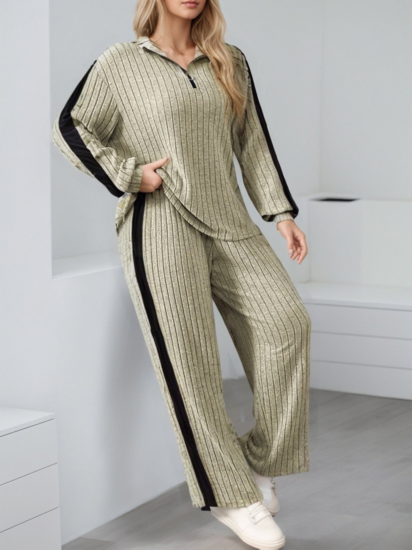 Ribbed women’s lounge set, two-piece sweater with zipper and wide-leg pants