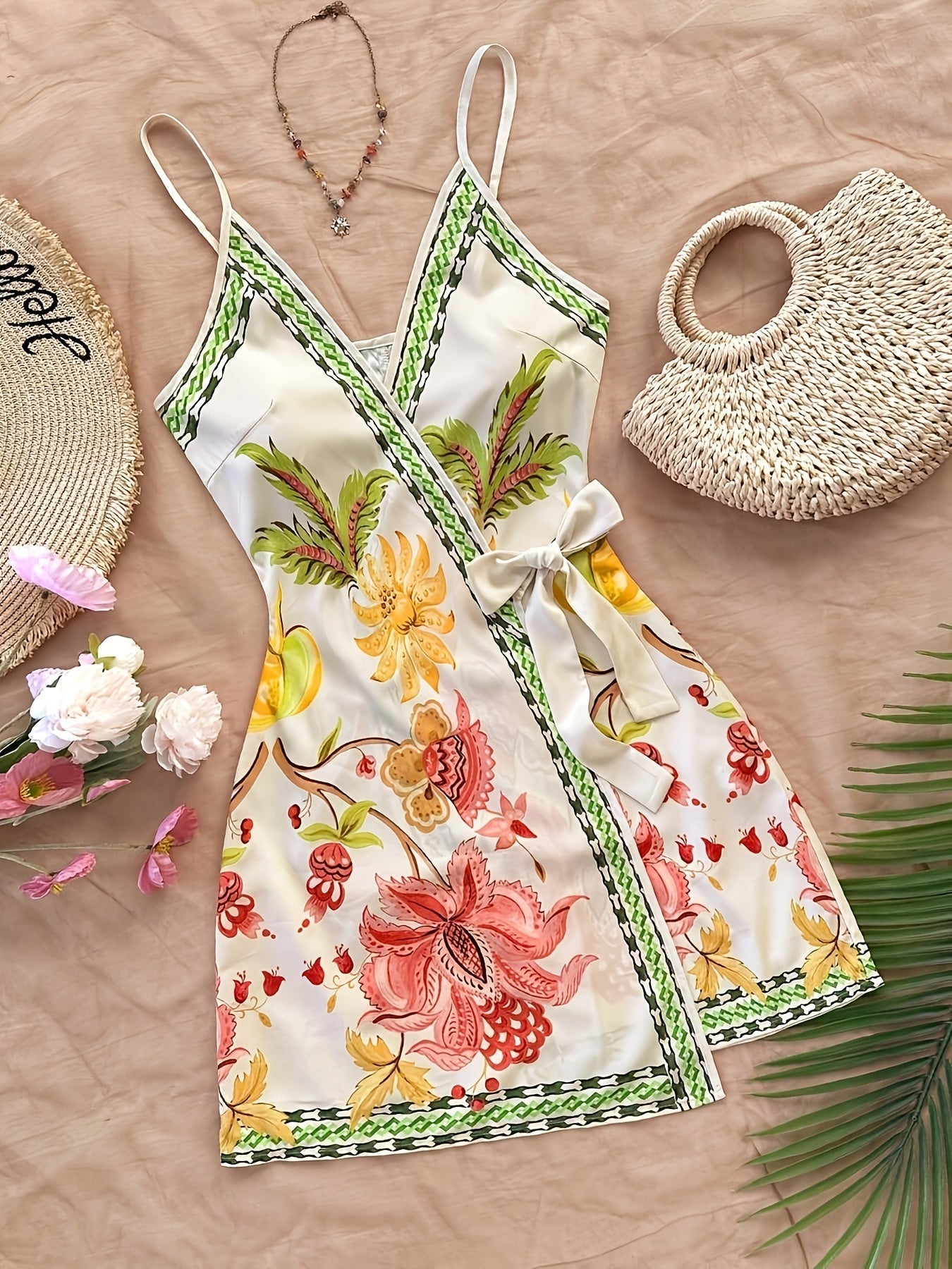 Women's summer wrap dress with tropical print and floral pattern – Perfect for vacation and leisure