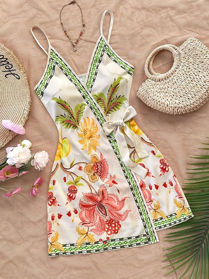 Women's summer wrap dress with tropical print and floral pattern – Perfect for vacation and leisure