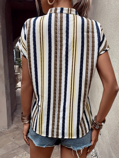 Women's summer blouse shirt with stripes and V-neck, elegant casual look