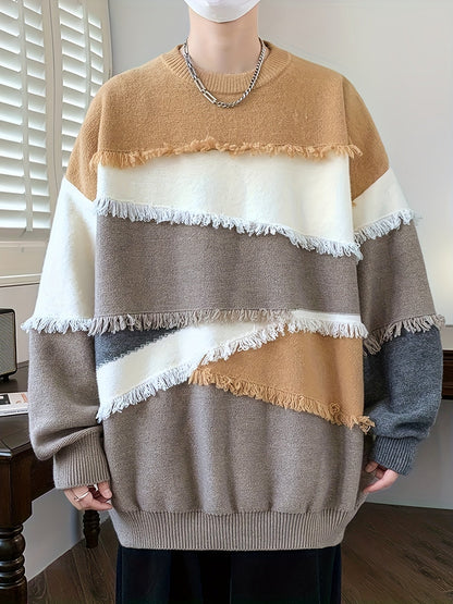Unisex long-sleeve pullover with color-block design, fringe, and crew neck