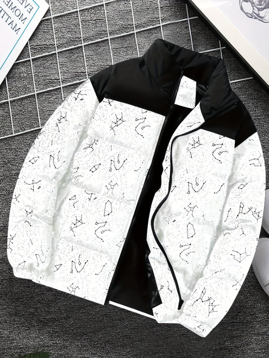 Padded jacket with constellation print, zipper, and stand-up collar