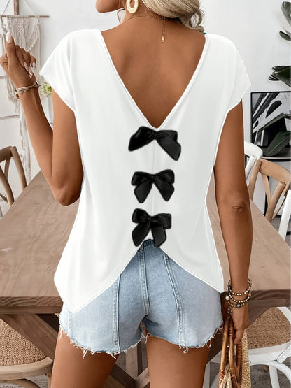 Women's Shirt with Back Cutout and Bows – Fashionable Casual Top for Spring & Summer