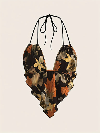 Women's bodysuit with retro print and deep neckline – Elegant one-piece for festival & leisure