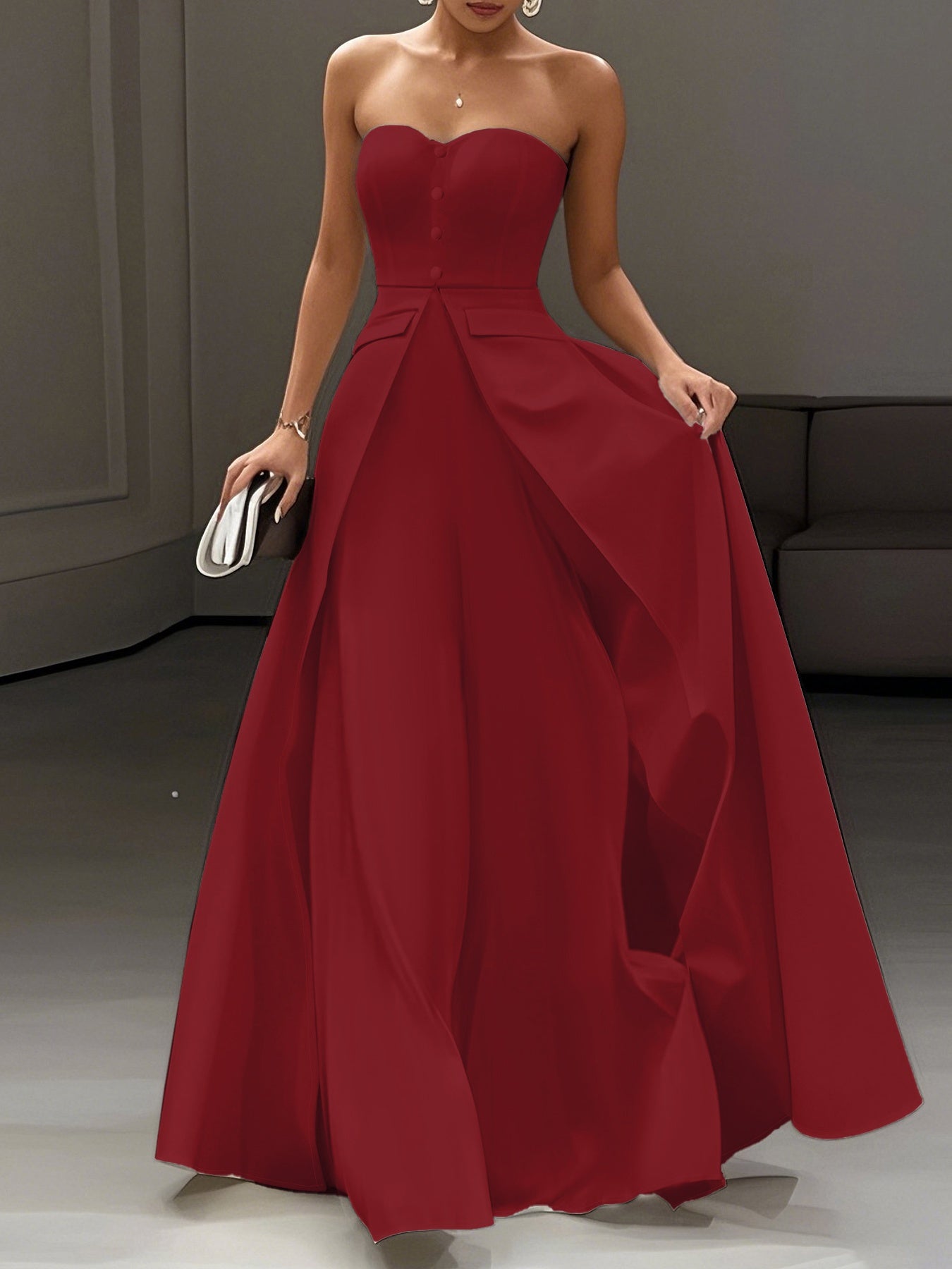 Women's Elegant Evening Dress with Bandeau Top and Button Placket – Perfect for Festive Occasions