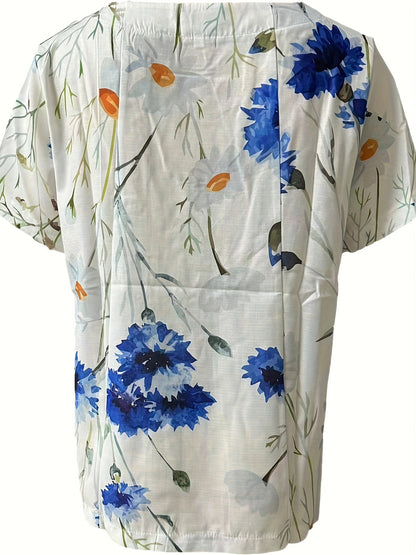Women's Vintage Blouse with Floral Pattern and Button Placket – Summer Casual Shirt