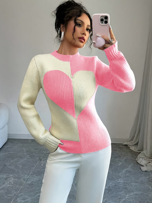 Damen Strickpullover Herz-Muster Rundhals Rippstrick Langarm