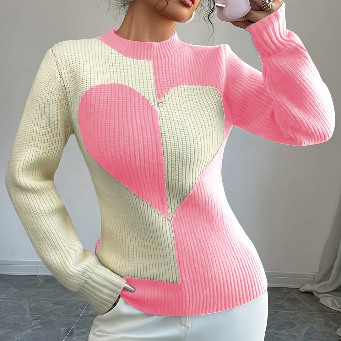 Women’s knitted pullover with heart pattern, crew neck, ribbed knit, long sleeves
