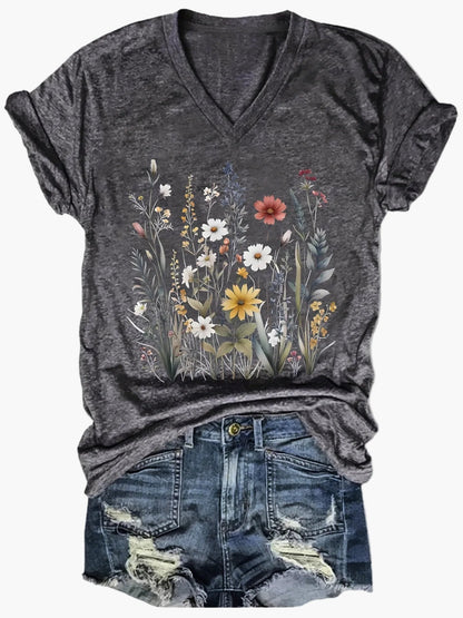 Damen V-Ausschnitt T-Shirt mit Blumenmuster – Lässiger Sommerstyle für Alltag & Freizeit