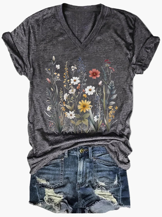 Women's V-Neck T-Shirt with Floral Pattern – Casual Summer Style for Everyday & Leisure