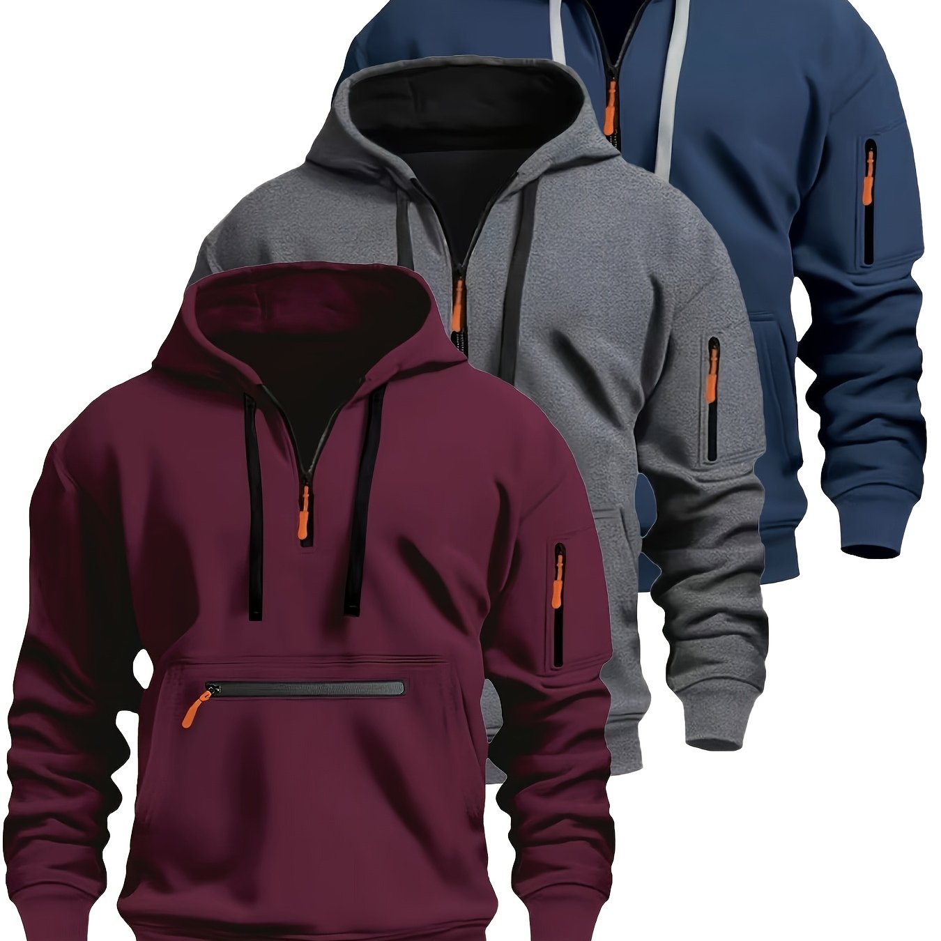 Men's hoodie with zipper and kangaroo pocket, drawstring, long sleeves