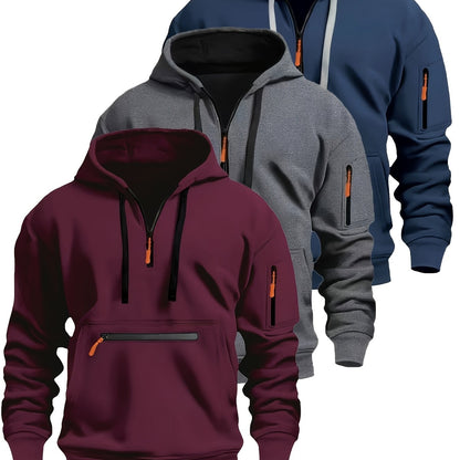 Men's hoodie with zipper and kangaroo pocket, drawstring, long sleeves