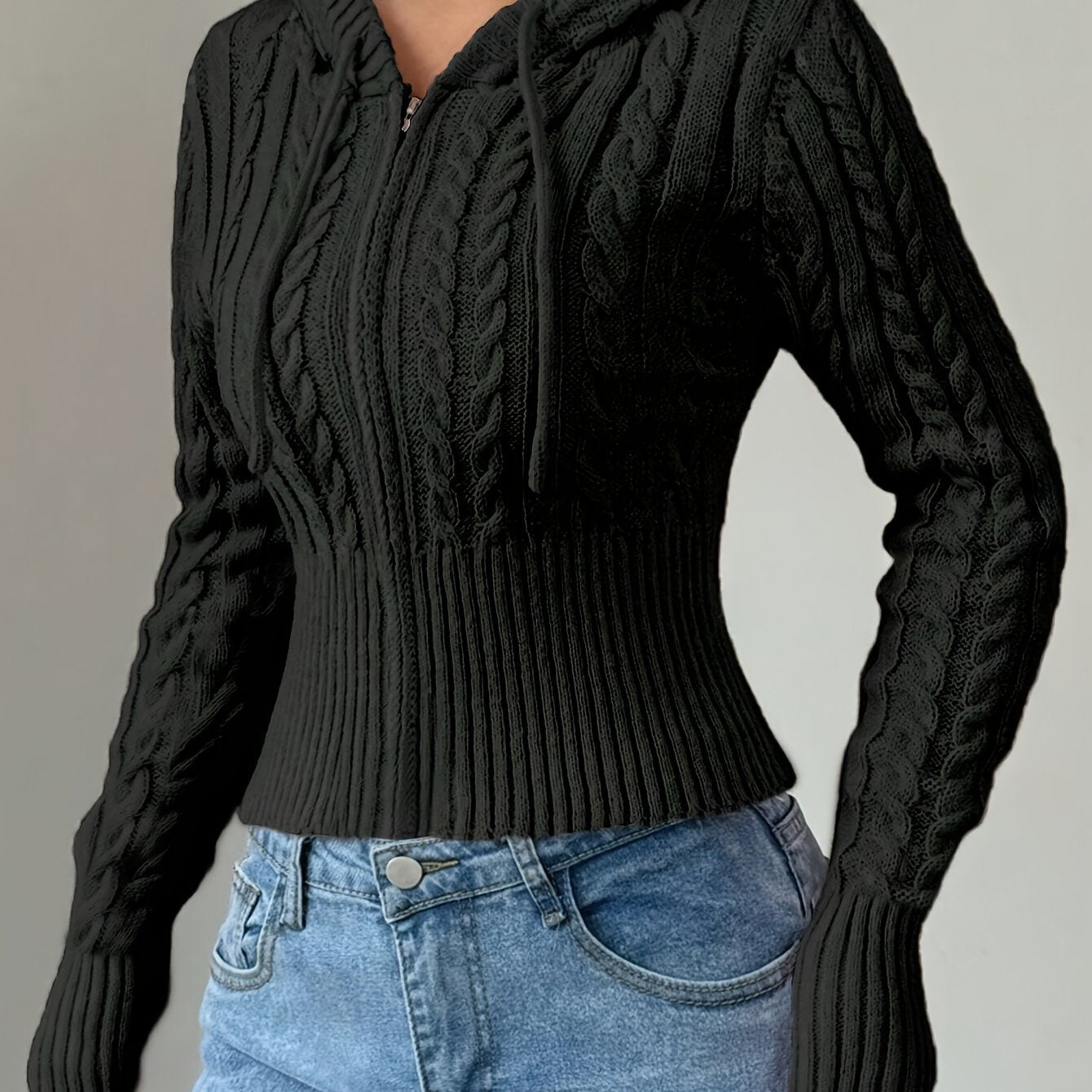 Damen Strickpullover Hoodie Crop Top Zopfmuster Reißverschluss