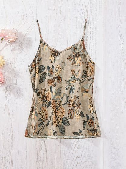 Women's summer top with floral pattern, V-neck, spaghetti straps, casual blouse for vacation and everyday wear