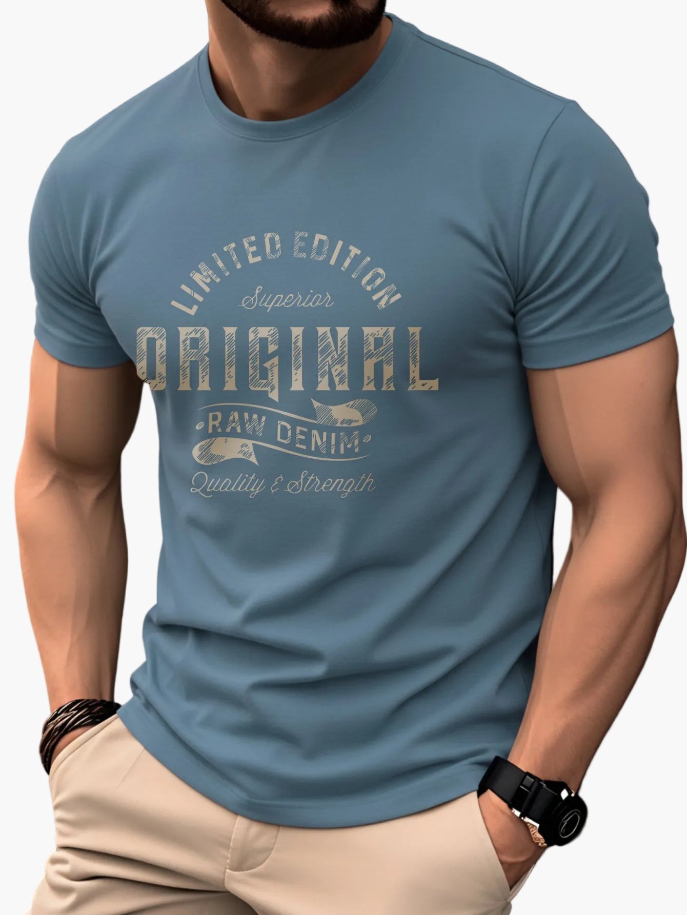 Men's T-Shirt Vintage Print Original Raw Denim – Casual, Skinny Fit