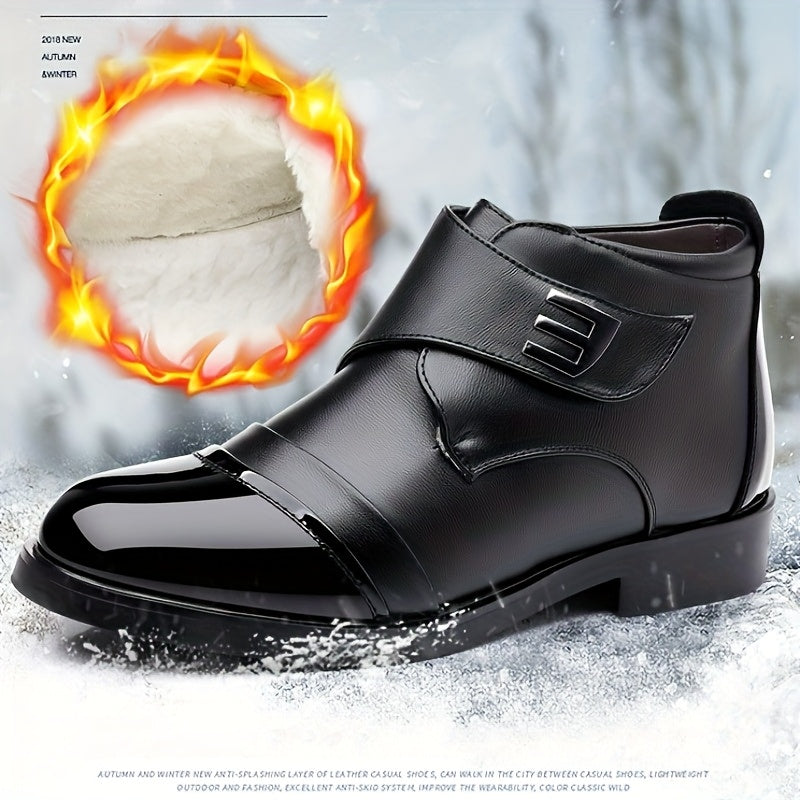 Black men’s slip-on ankle boots with a polished toe cap and Velcro fastening