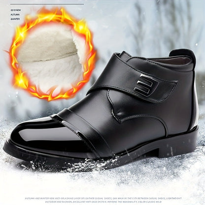 Black men’s slip-on ankle boots with a polished toe cap and Velcro fastening