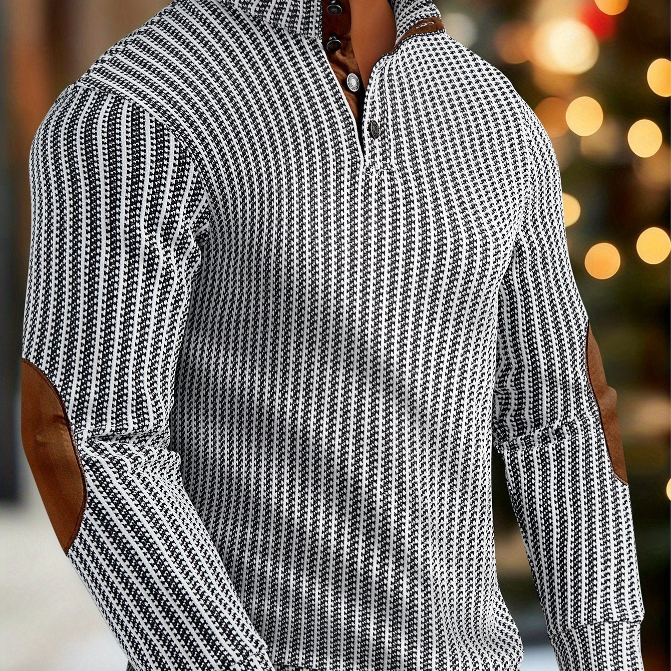 Men's turtleneck sweater with half-button closure and elbow patches, White Black