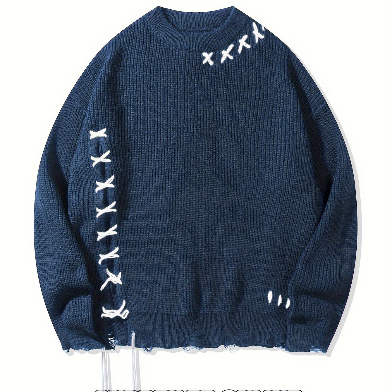 Unisex Strickpullover Schwarz mit Kreuzstich-Details und Destroyed-Effekt