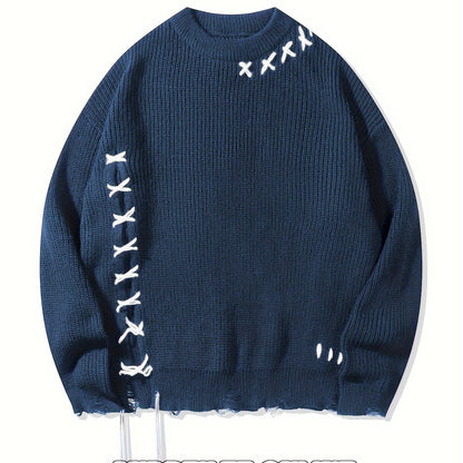Unisex Strickpullover Schwarz mit Kreuzstich-Details und Destroyed-Effekt