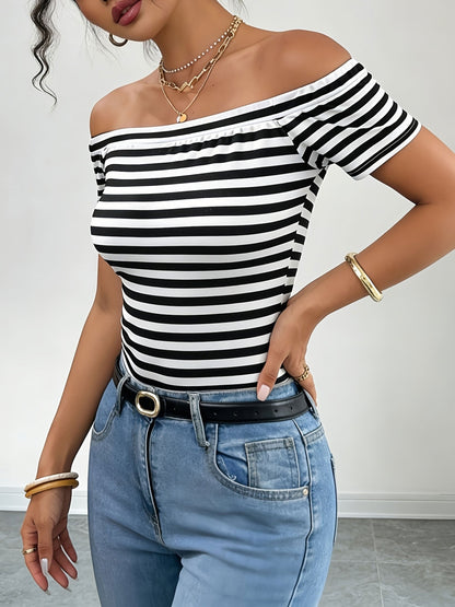 Women's Off-Shoulder Striped Shirt – Bardot Style for Everyday & Going Out
