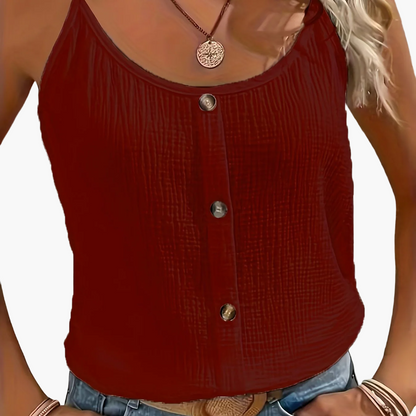 Women's Summer Top with Button Placket – Casual Spaghetti Strap Tank Top, Elegant for Everyday & Leisure